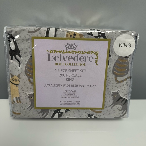 Cats Print 4pc Sheet Set King Belvedere Gray Cats Tuxedo Siamese Cats Cozy NEW - Picture 1 of 6